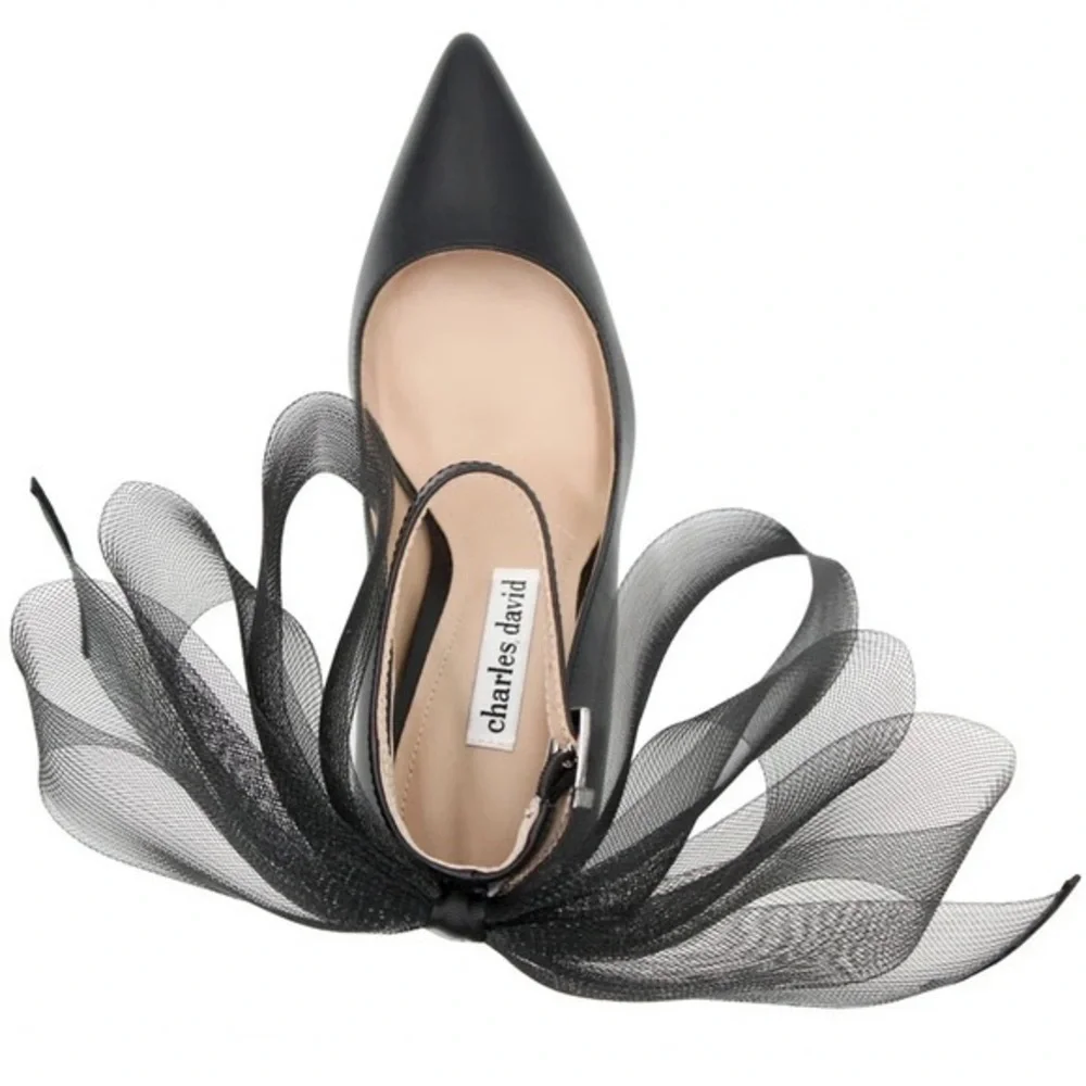 CHARLES DAVID Rogue Black Leather Ankle Strap Pointed Toe Pump Tulle Bow New 8.5